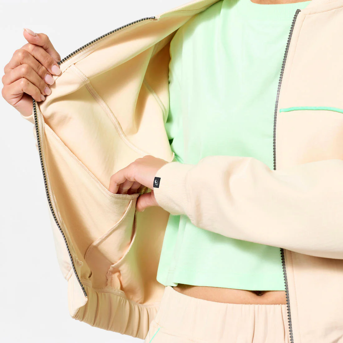 Veste bombers zipée femme, beige avec piping vert. - Image 3
