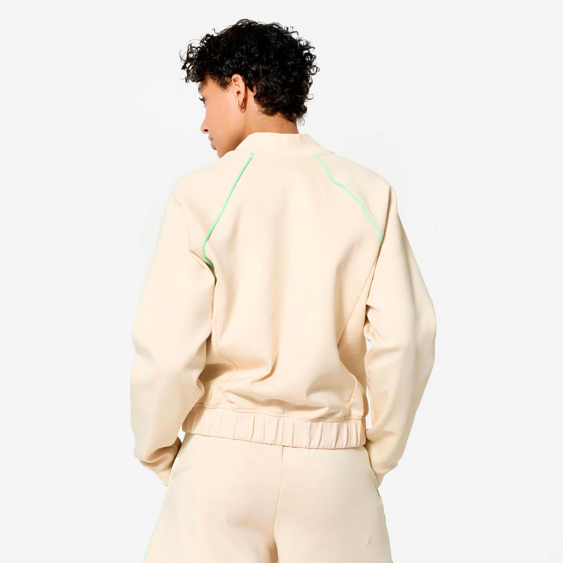 Veste bombers zipée femme, beige avec piping vert. - Image 4